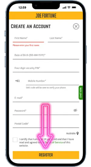 Joe Fortune Australia Login Credentials Form